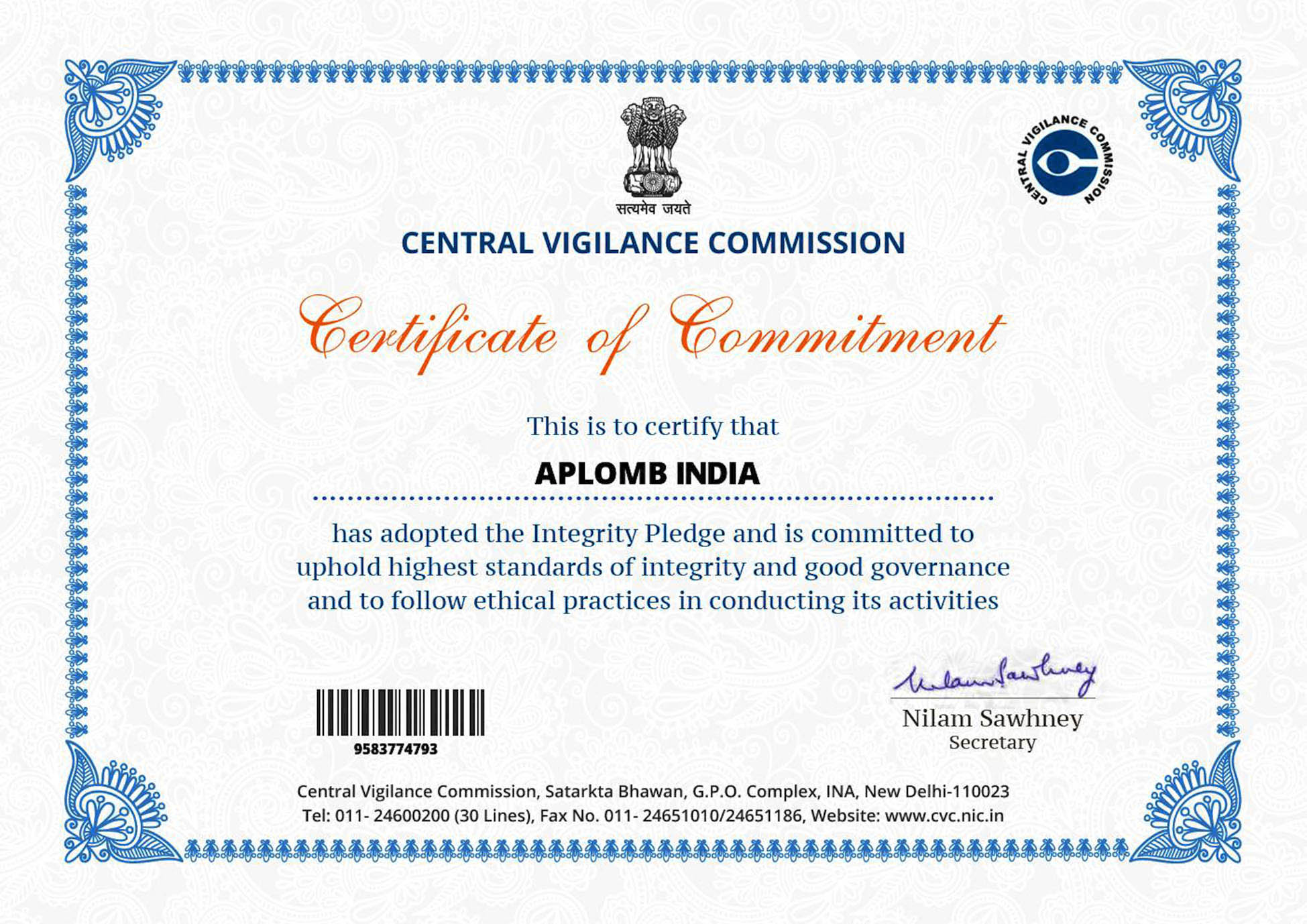 aplomb certificate